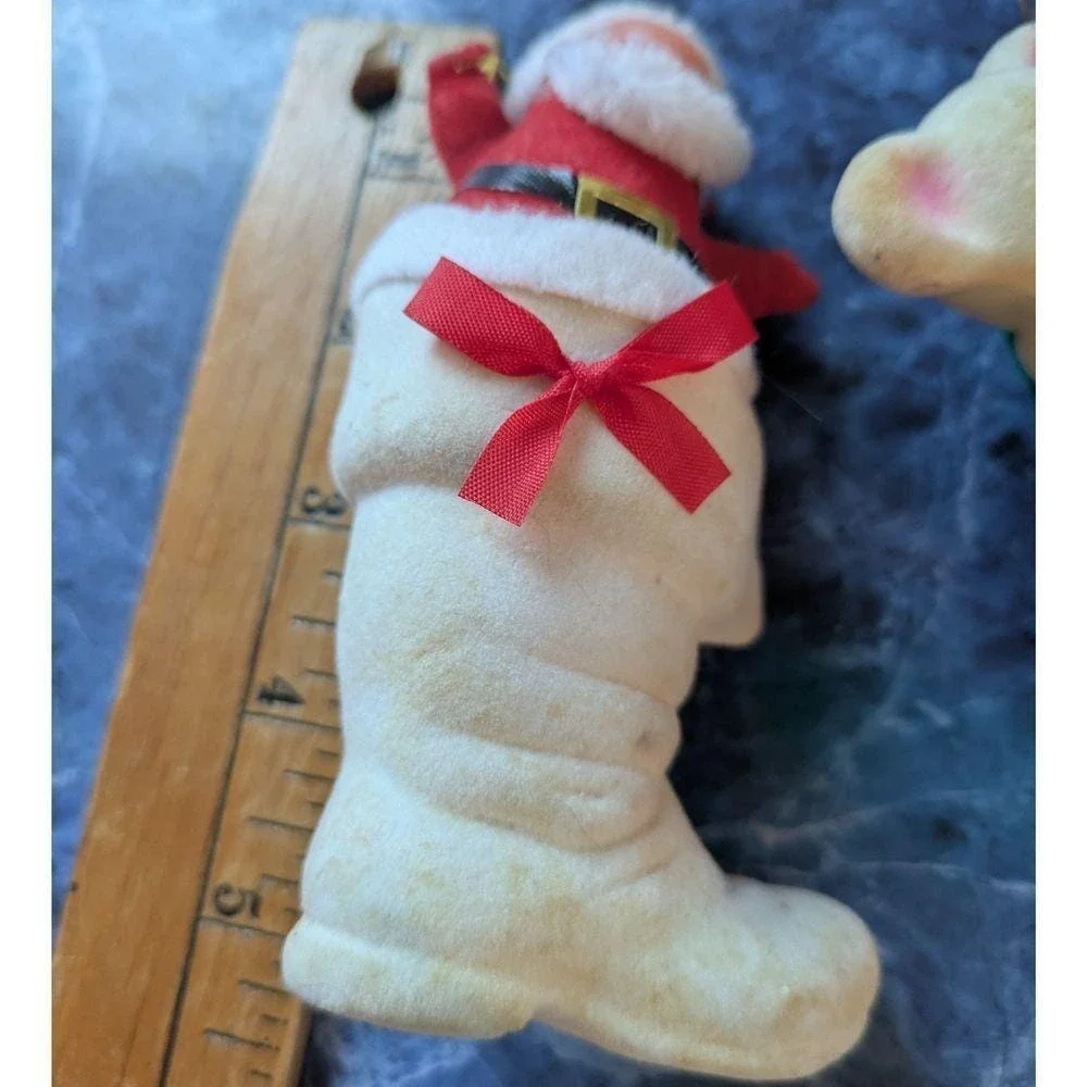 Vintage 2 Flocked Christmas Stocking Ornaments Santa Bears Holidy Decorations 5